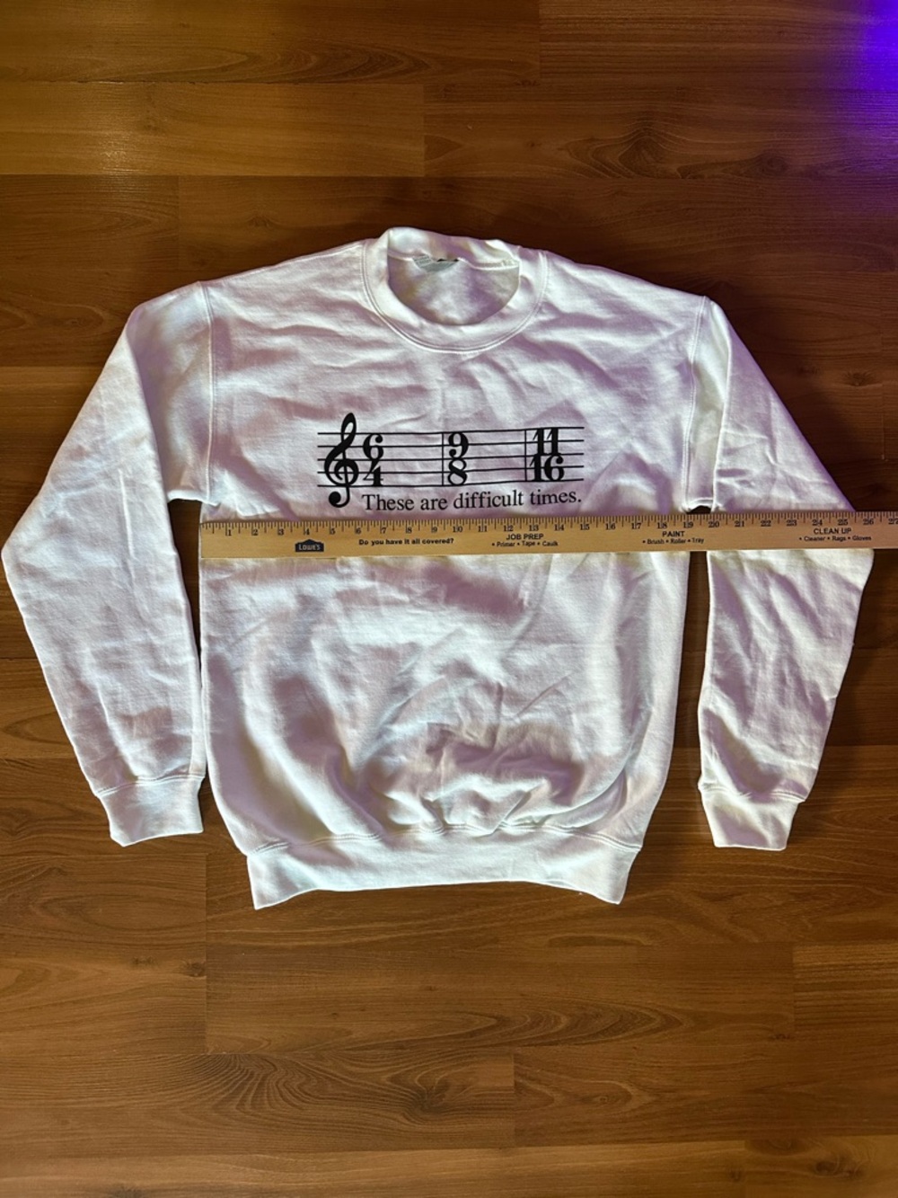 Gildan White Crewneck with Black Music Notation These Are Difficult Times - Picture 5 of 6